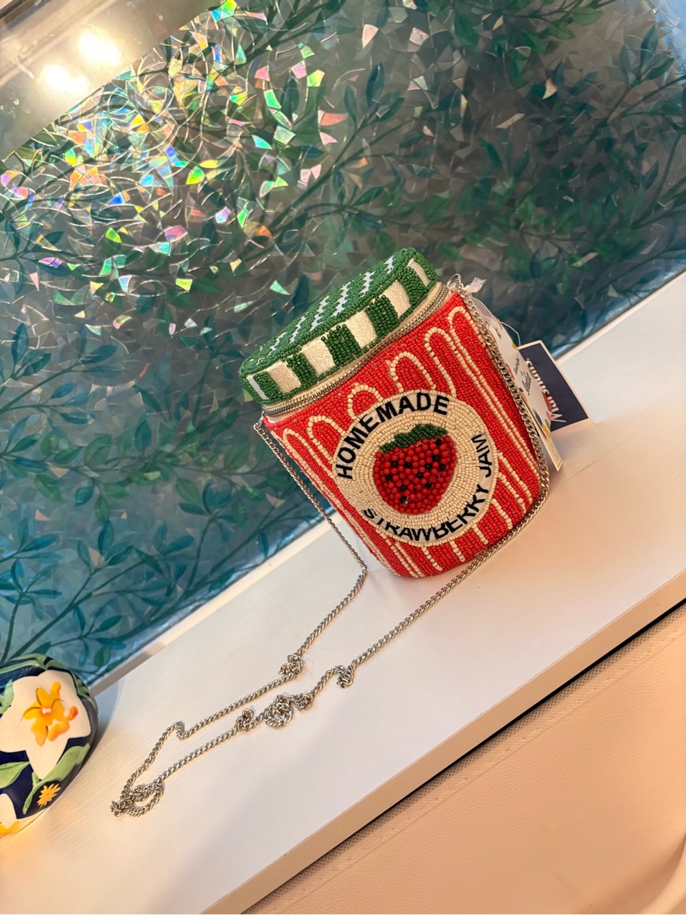 Beaded Strawberry Accent Clutch Wristlet — Red, White & Green